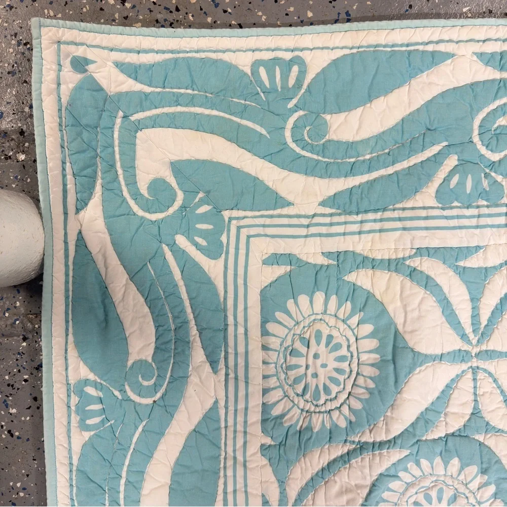 Pottery Barn Turquoise Block Print Quilt Bedspread Double Sided